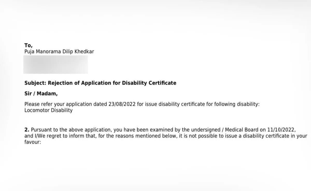 puja khedkar medical disability certificate rejected