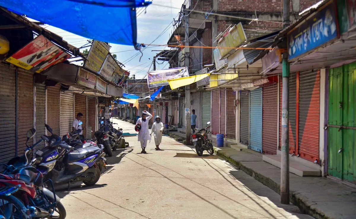 View of a deserted street at Dhing Bazar during a "bandh" called by local organisations